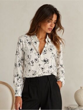Kal Rieman Silk Button Down Blouse Size 6 Cream Black Abstract Floral Print